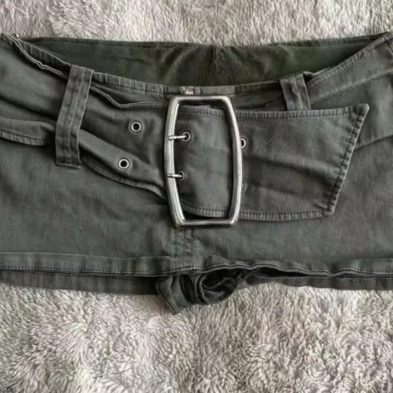 กระโปรงยีนส์สั้นเอวต่ำสีเขียวทหารสไตล์วินเทจ ผู้หญิง Y2K ฮาราจูกุ กอธิค เซ็กซี่ สไตล์สไปซ์เกิร์ล แฟชั่นสตรีทแวร์