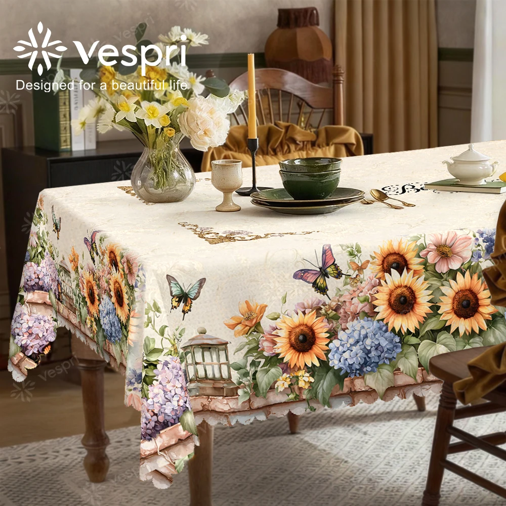 Floral Tablecloth with Sunflowers, Mushrooms, Poppies for Indoor/Outdoor Camping decor, Rectangular/Round/Oval