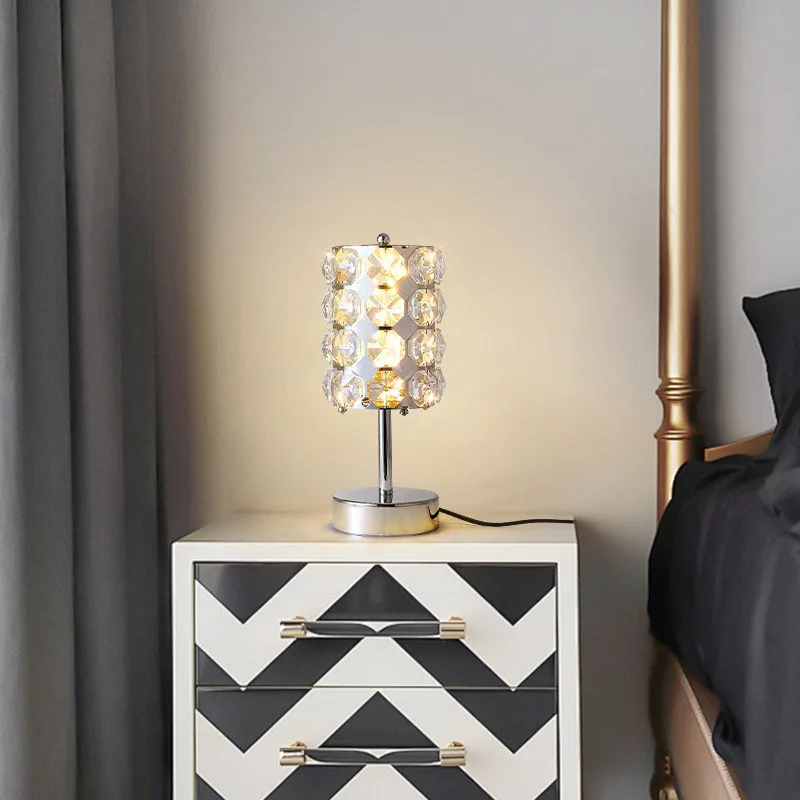 Modern Cylinder Crystal LED Table Lamp, 3 Color Temperature Bedside Lamp