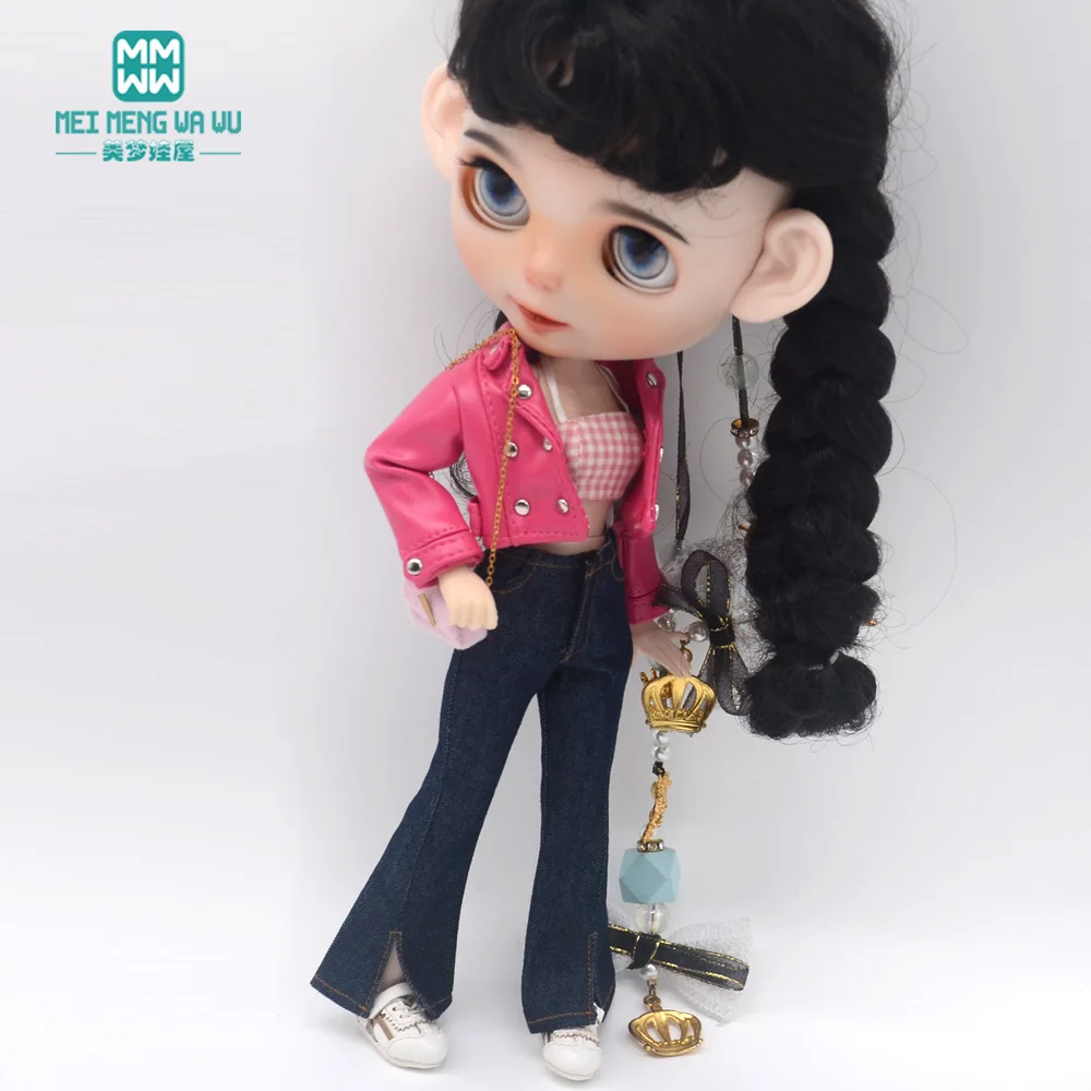 Blyth Puppe Kleidung 28-30cm Azon OB24 Zubehör Mädchen Geschenk Spielzeug Mode Leder Jacke Jeans Ausgestelltes Hosen Rohr top – Detail 16
