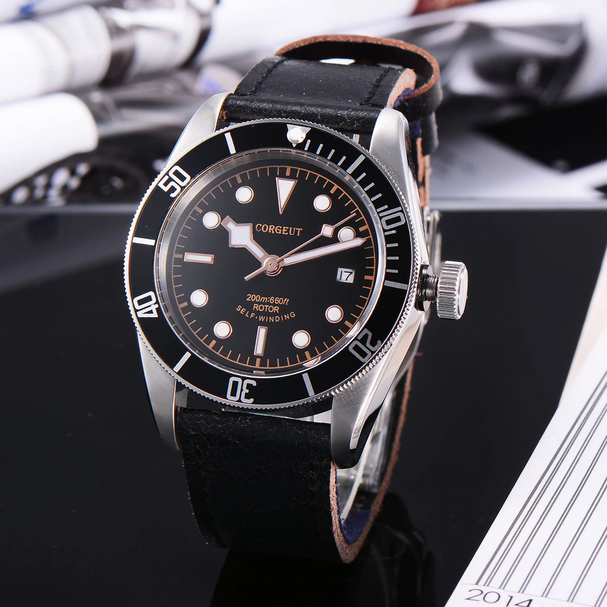 Corgeut Military Schwarz Bay Men NH35 Movemet Automatic Luxury Brand Sport Swim Clock Leather Mechanical Wrist Watches