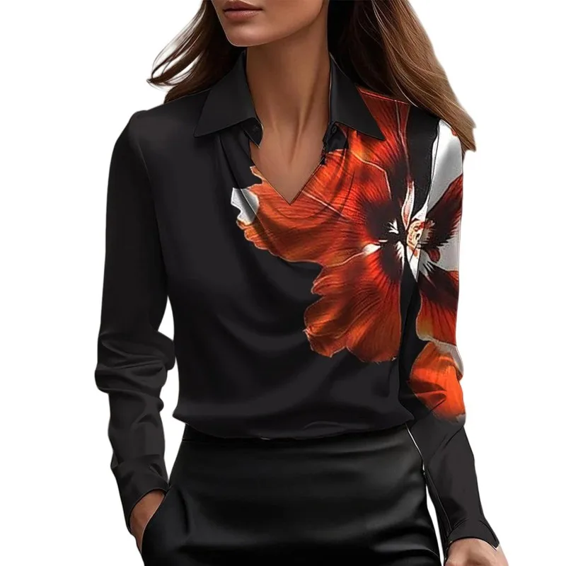 Frühling Casual Langarm Bluse Mode Herbst Elegante Büro Dame Solide Shirts Mode Drehen-unten Kragen Wrap V-ausschnitt Print tops