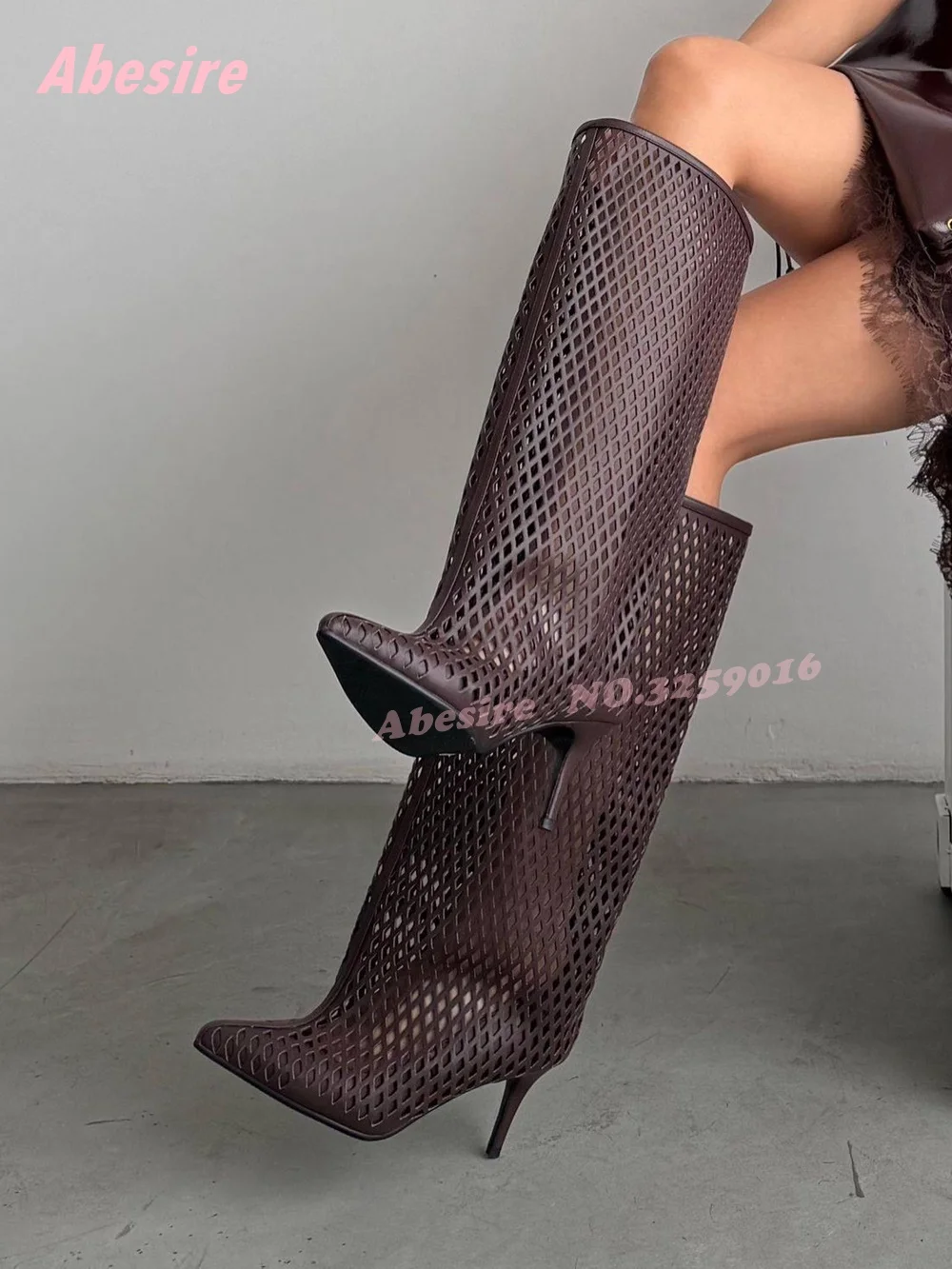 Black Hollow Out Knee High Boots Pointy Toe Mesh Stiletto Boots Thin Heels Patchwork Runway Party Shoes 2026 New Solid Elegant image 5