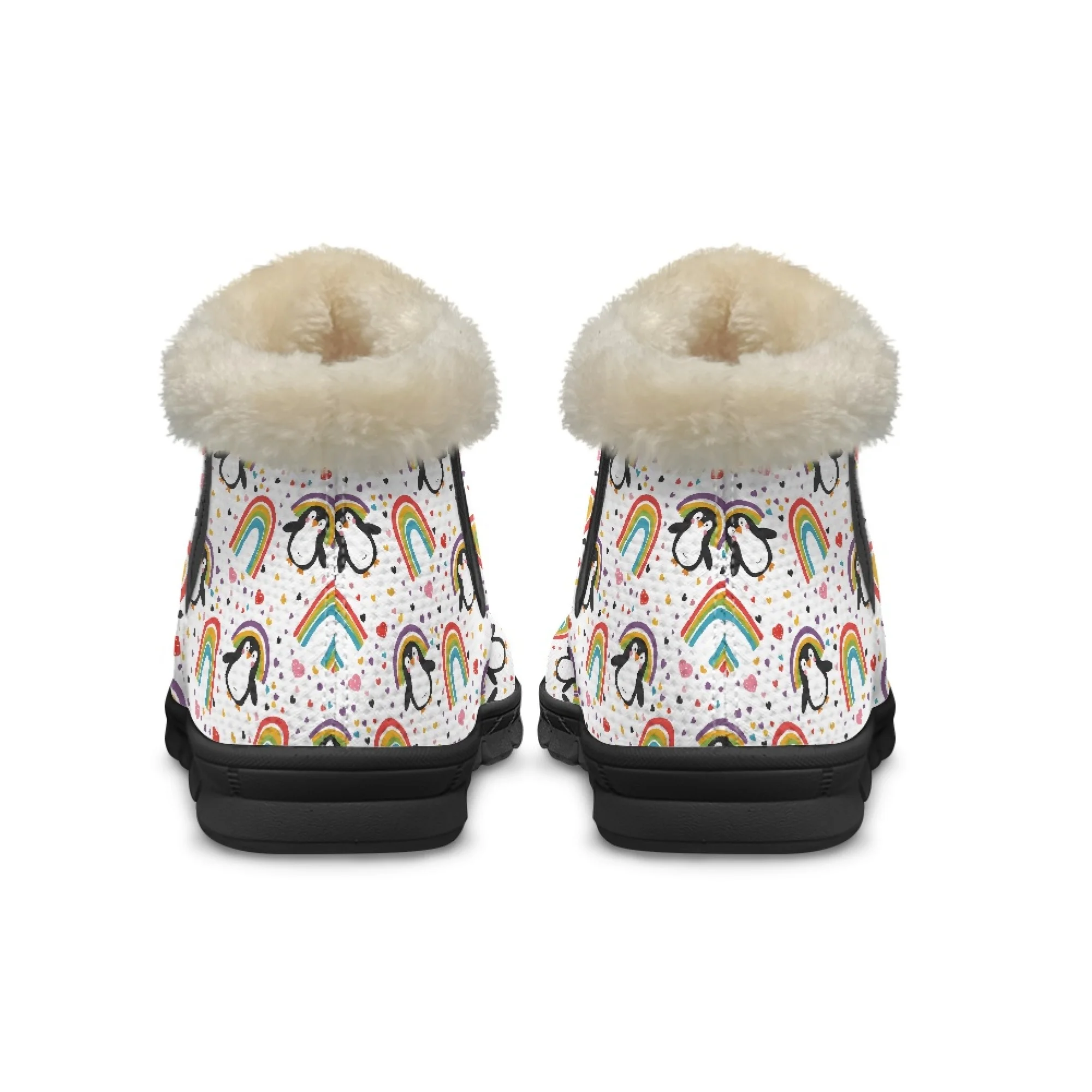 INSTANTARTS Women Snow Boots Cute Cartoon Penguin Rainbow pattern Casual Soft short Plush Comfortable Winter Warm Shoes