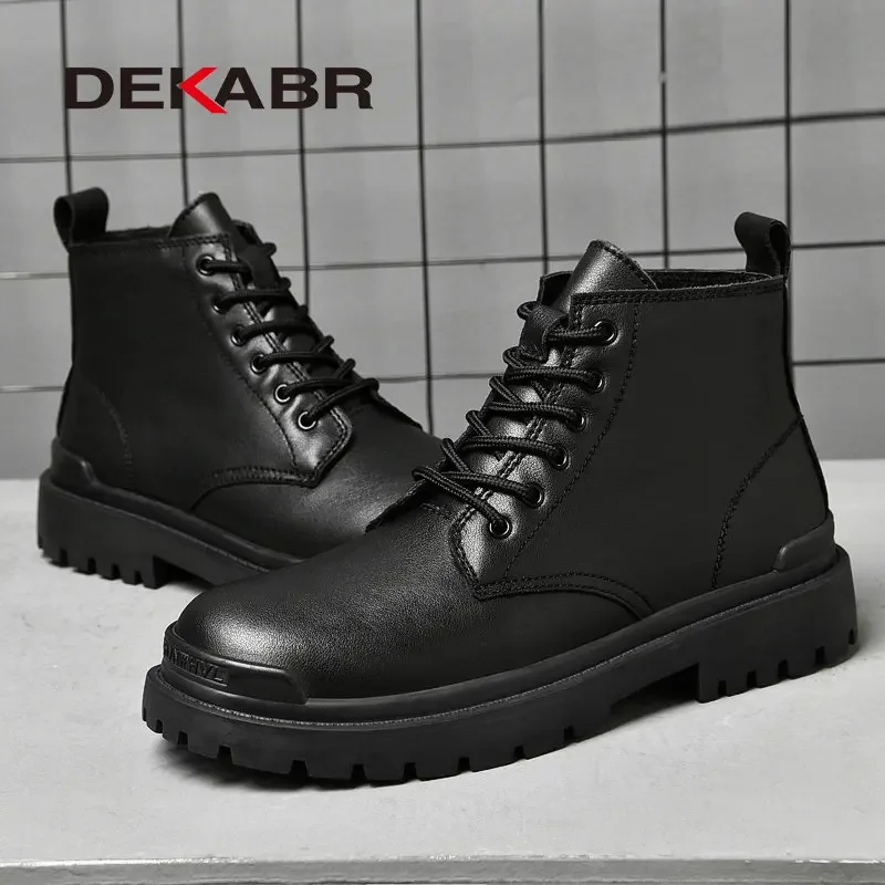 DEKABR Warm Winter Ankle Boots Men Casual Genuine Leather Shoes Lace-Up Platform Waterproof Work Mens Boots Boots