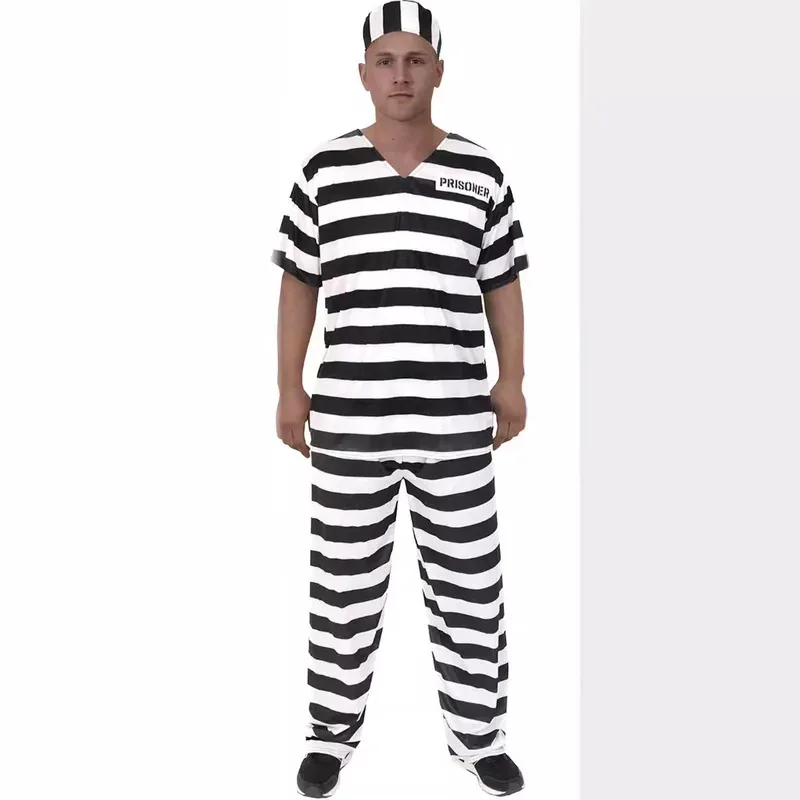 DY20New Adult Boys and Girls Prison Uniform Role Playing Wardrobe Set Carnival Halloween Black and White Striped Orange Makeup B