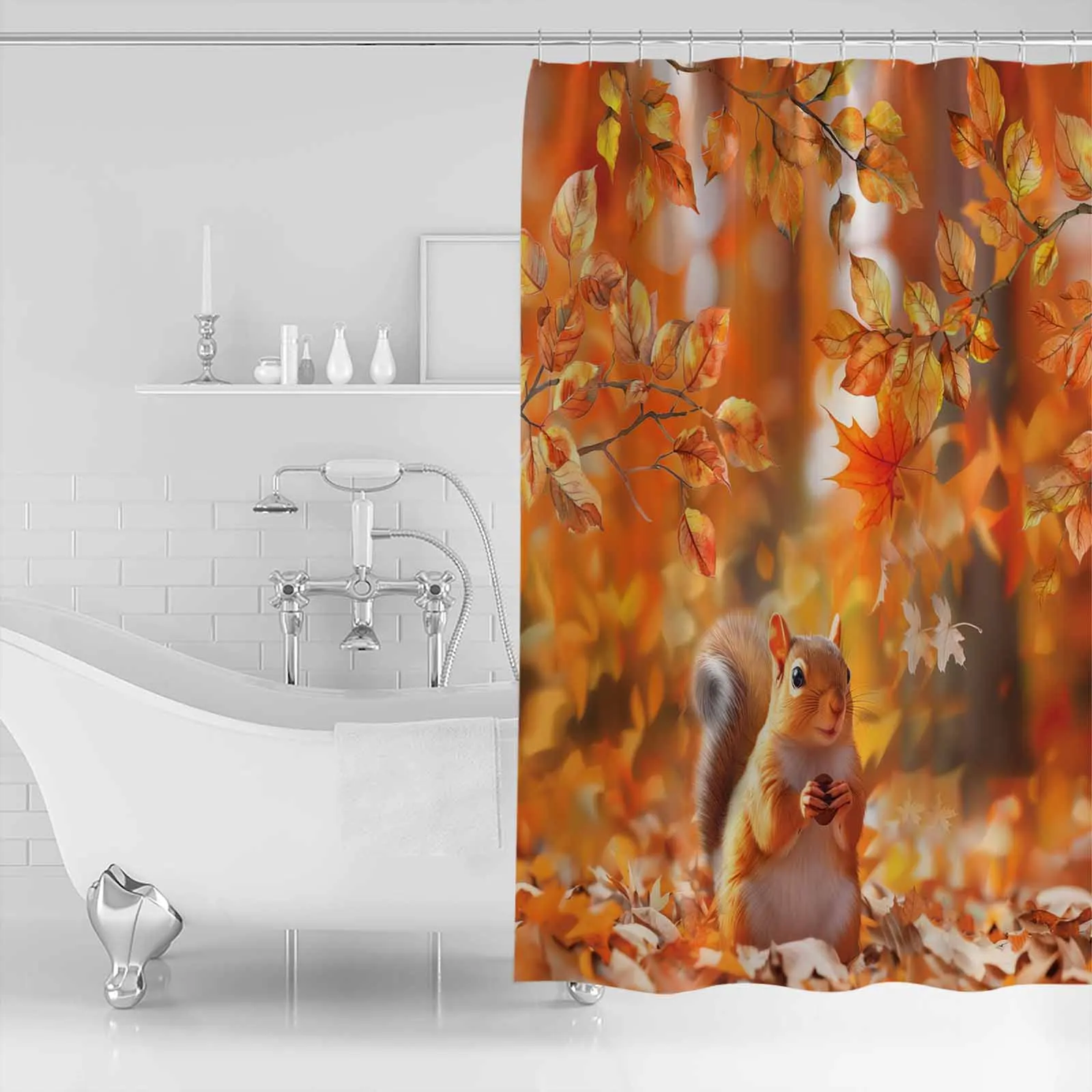 Autumn Leaves Squirrel Shower Curtains Waterproof Bath Curtains Home Decor Modern Luxury Bathroom Curtain