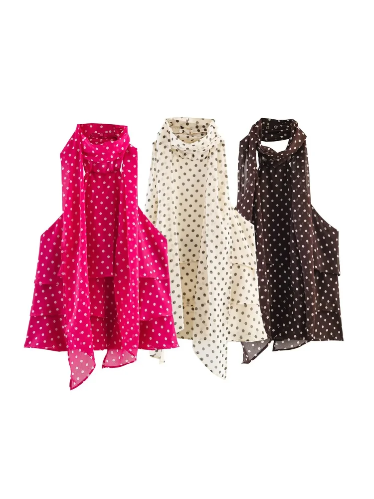 HH Polka Dot Chiffon Tie Neck Cami Top Summer Multi Layer Ruffle Irregular Hem Halter Tank for Office Party Casual Vacation