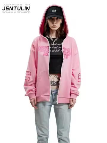 Y2K Retro zip up Hoodie Men Вата Embroidery Pink Zipper Sweatshirt Cartoon Hiphop Streetwear Oversize Korean Graphic Jacket Goth