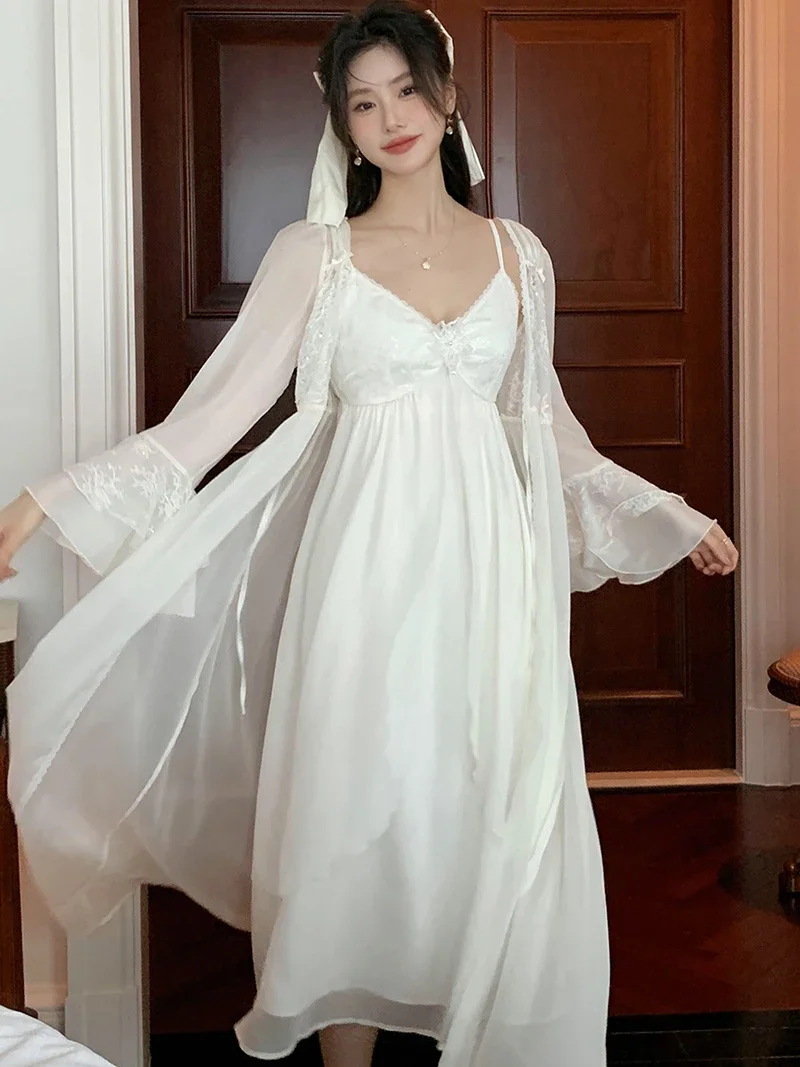 French Sexy Robe Fairy Nightgown Two-piece Set for Women Spring Chiffon Mesh Vintage Princess Pajama Sleepwear Home Clothing