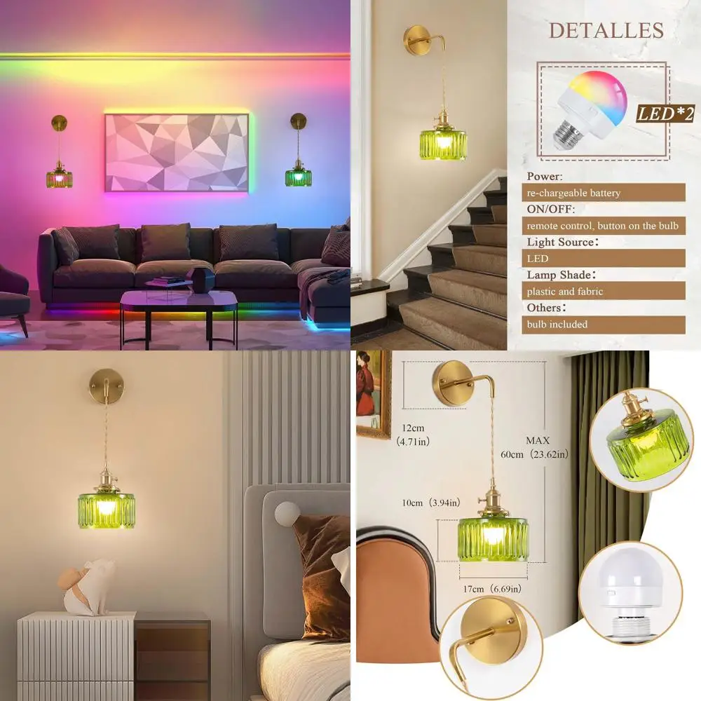 

Adjustable Vintage Green Striped Glass Wall Sconce, Rechargeable Gold Wall Light Set for Bedroom & Indoor Spaces