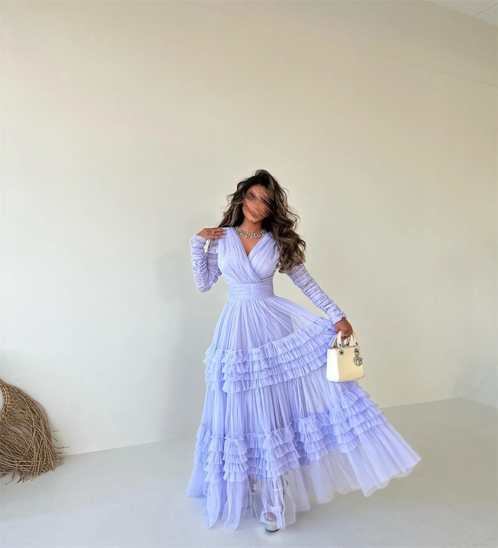 Sexy Casual Prom Dress جديد في فساتين V Neck Long Sleeve Tulle Formal Occasion Evening Gown Mecca سهره نسائيه فخمة