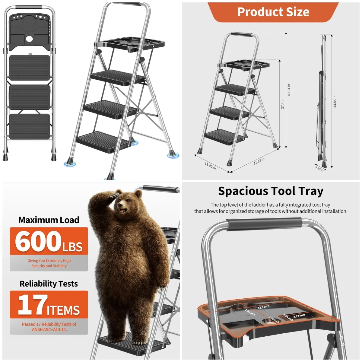 

3-Step Folding Ladder, Steel Step Stool with Tool Platform, Anti-Slip Feet, 600lbs Capacity, Grey