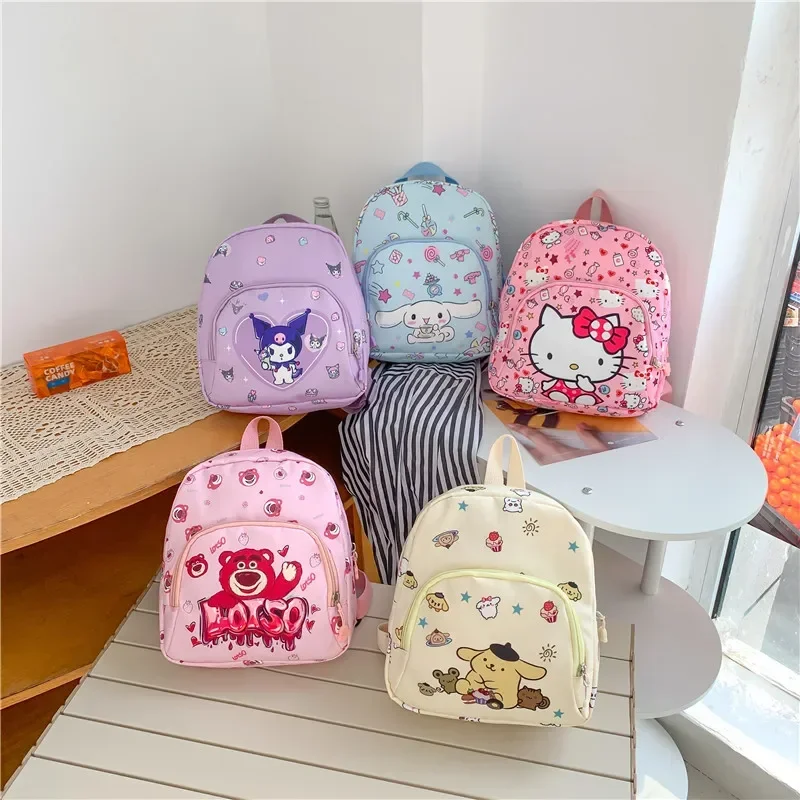 Mochila escolar de dibujos animados para niños, bolsa de lona para viajes al aire libre, Hello Kitty Kuromi Pink Bear Lotso