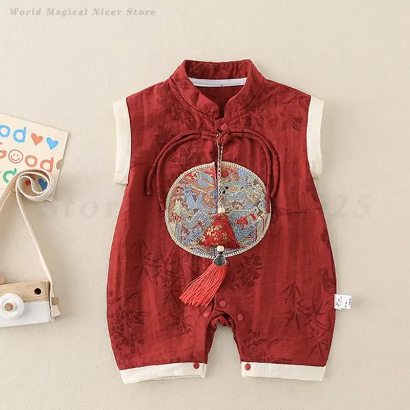 Trajes tradicionales chinos de verano, ropa Tang de Jacquard rojo, mono sin mangas para recién nacidos, pelele Kawaii para niños y niñas