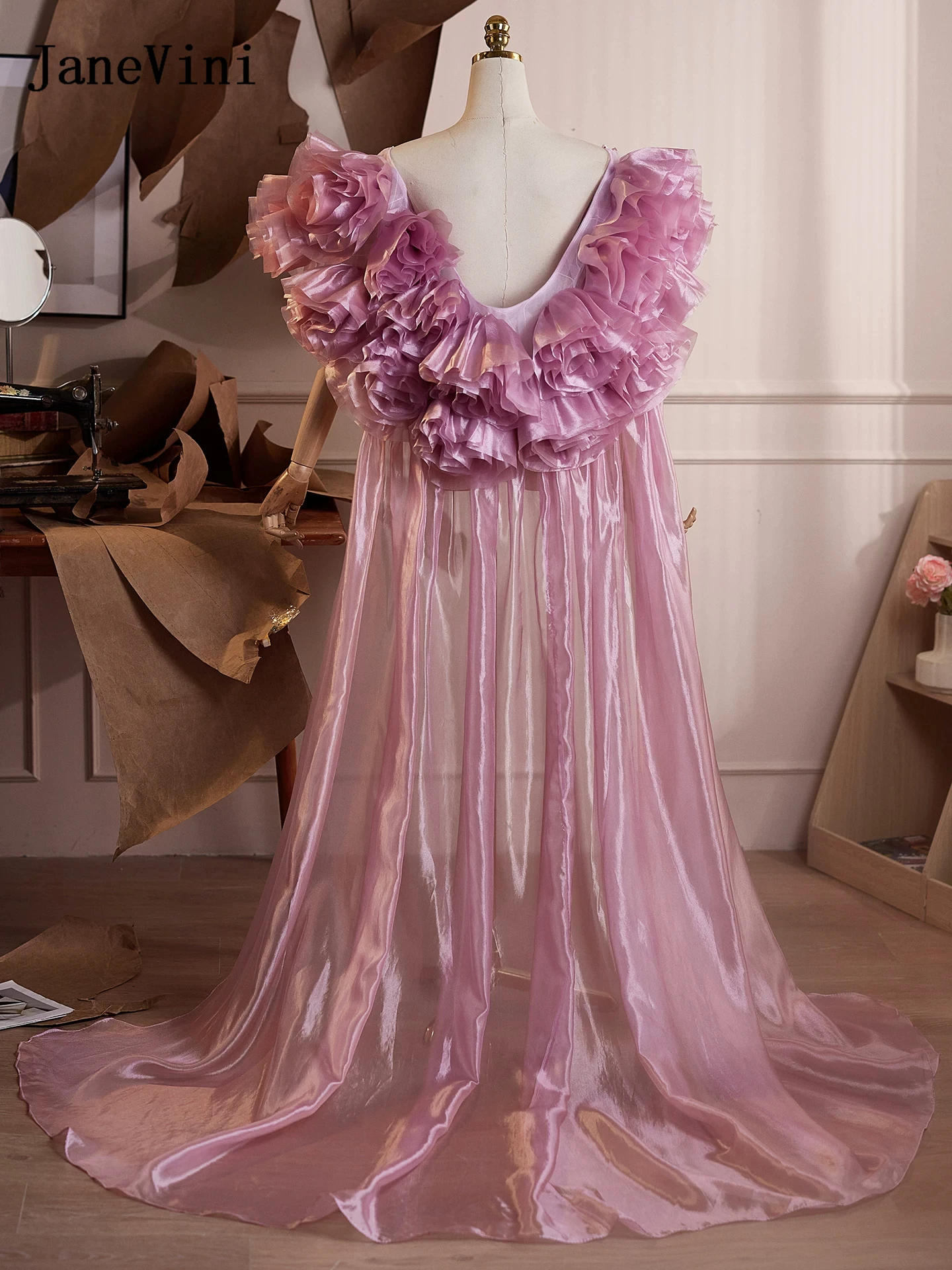 Novo Bolero Rosa Antigo JaneVini para Vestidos de Noite, Xale Longo com Flores 3D de Rosa, Capa de Noiva, Manto para Festa de Casamento