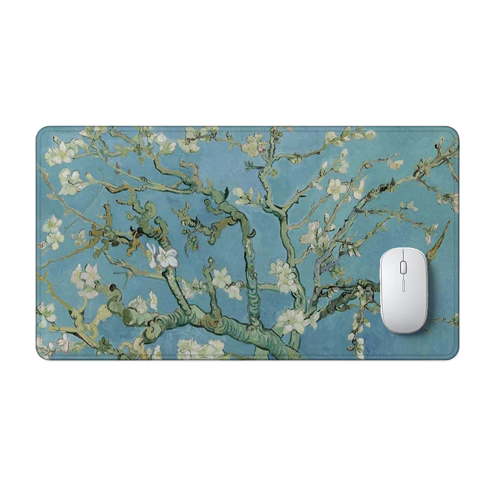 Esthetische botanische bureauonderlegger, groene bladeren, wilde bloemen, mistige bossen, groot gaming-muismat, antislip rubberen onderkant, verlengd model 260928A