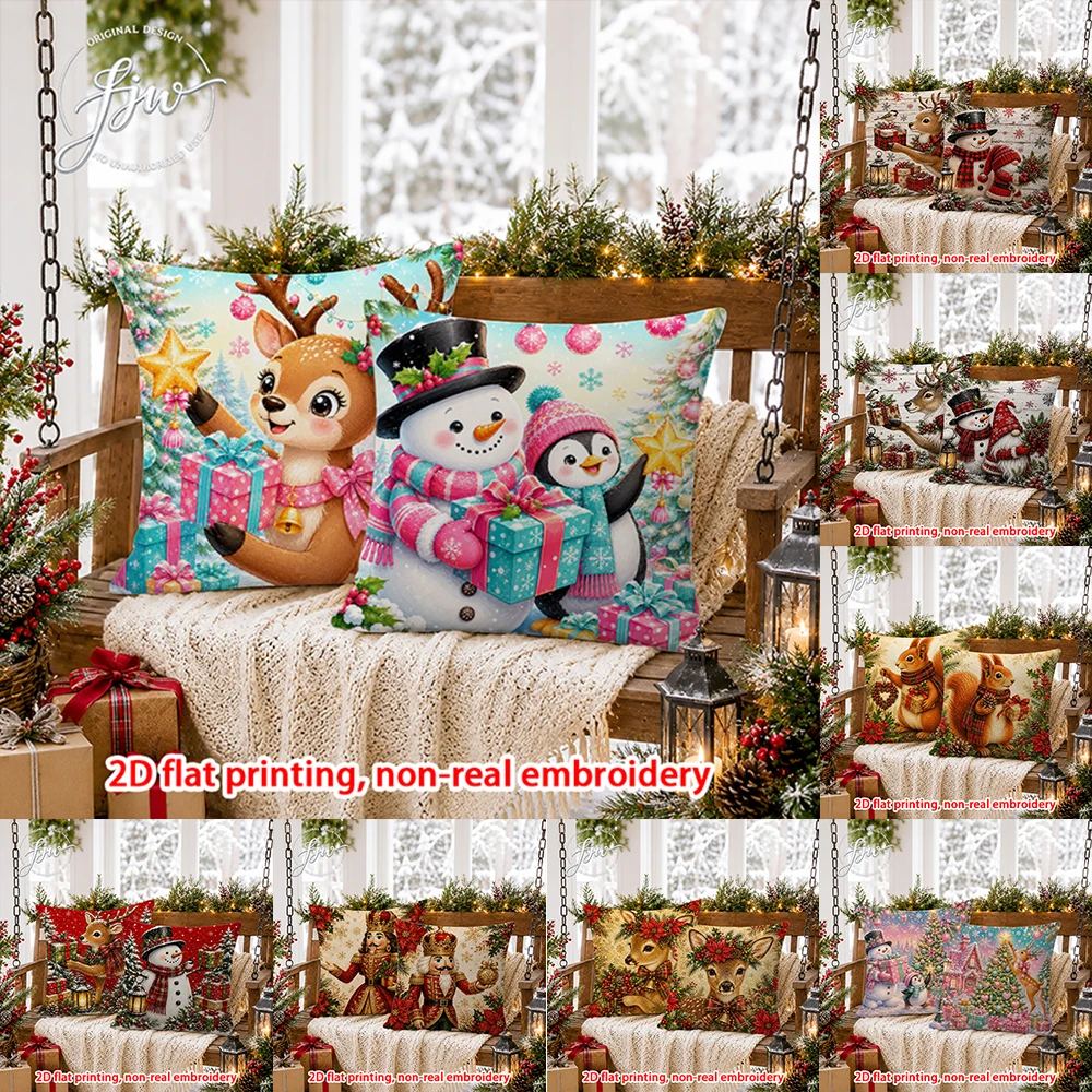 2D FLAT-2PCS Christmas Cute Animal Throw Pillow Covers Sofa bedroom porch New Year decoration only pillowcase