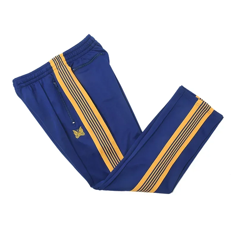 High Quality Trousers Blue Stripe Webbing Yellow Logo Embroidery Casual Fashion Men's And Women's Pants