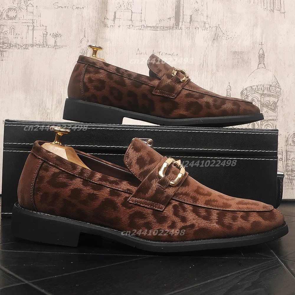 Men's Slip-On Metal Buckle Leopard Print Fluffy Fabric Upper Loafers, Square Toe, Low Block Flat Heel Shoes in Brown and Black