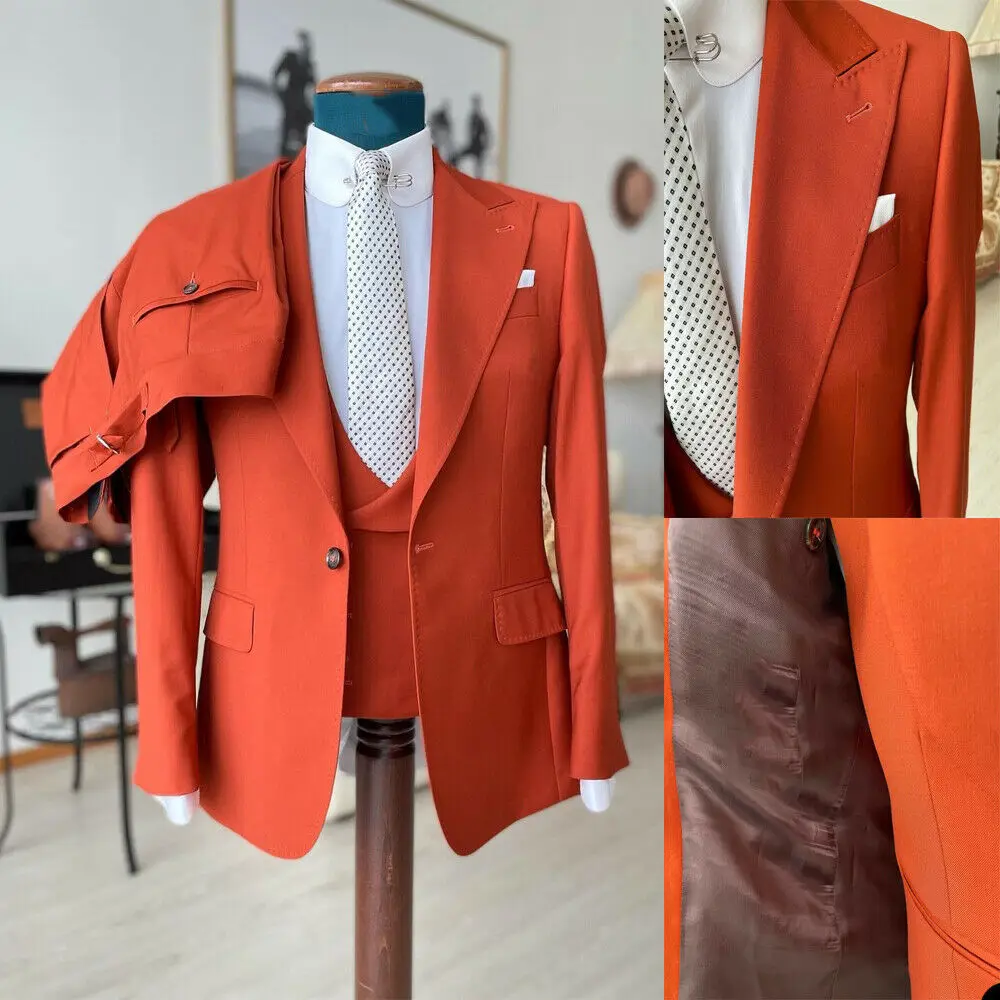 Orange Work Wear Men Suit Tailor-Made 3 Pieces Blazer Vest Pants One Button Fit Slim Formal Business Causal Party Host Tailored