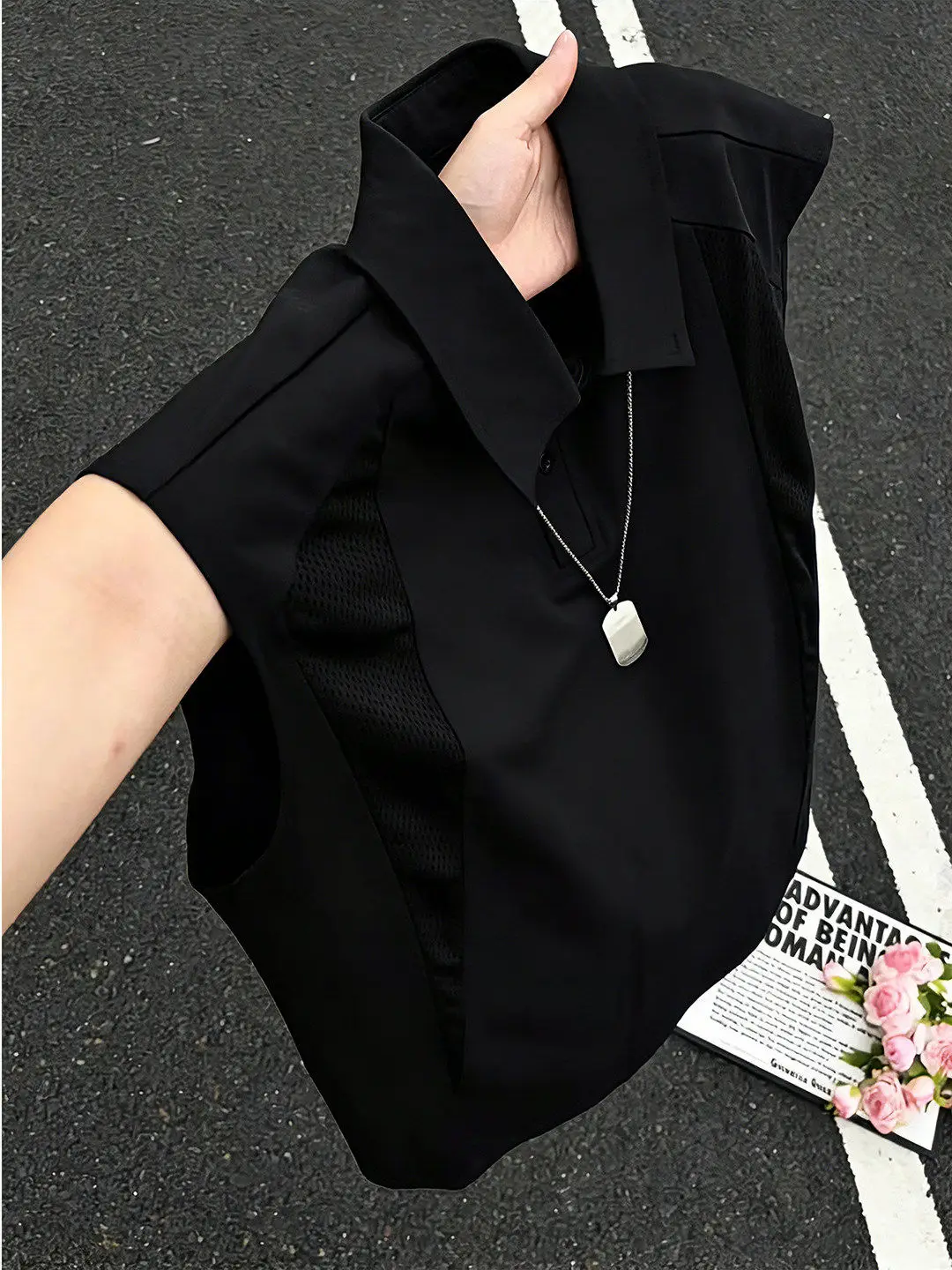 Black  Neck Vest Men's Summer Thin Breathable American Sleeveless T-Shirt Ice Silk Quick Dry Shoulder Pad Casual Style