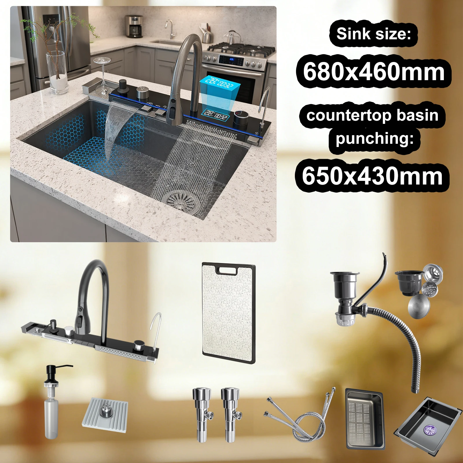 Multifunctionele keukenkranen Nieuwe RVS watervalkeukenkraan Geëmbosseerd digitaal display Grote enkele spoelbak EU magazijn