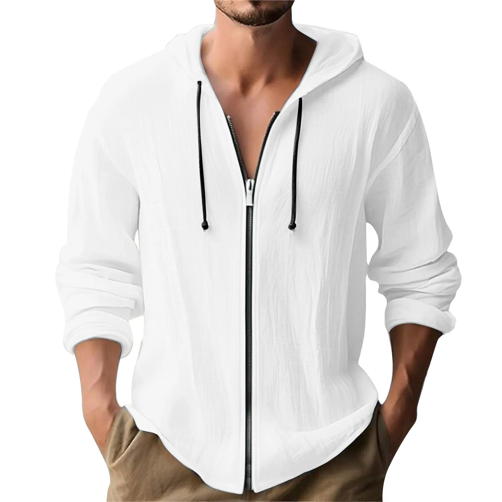 

Men's Cotton And Linen Solid Color Hooded Long-sleeved T-shirt Zipper Cardigan Sports And Leisure Men's Shirt