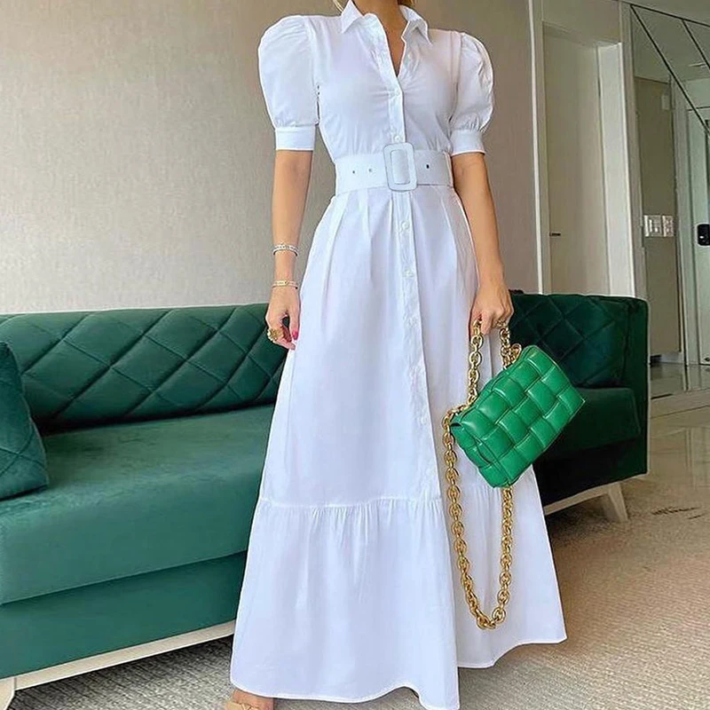 

Elegant Women Long Striped Shirt Dress Summer Short Puff Sleeve Party Dresses Maxi Dress Luxury High Waist Gowns Robe Longue