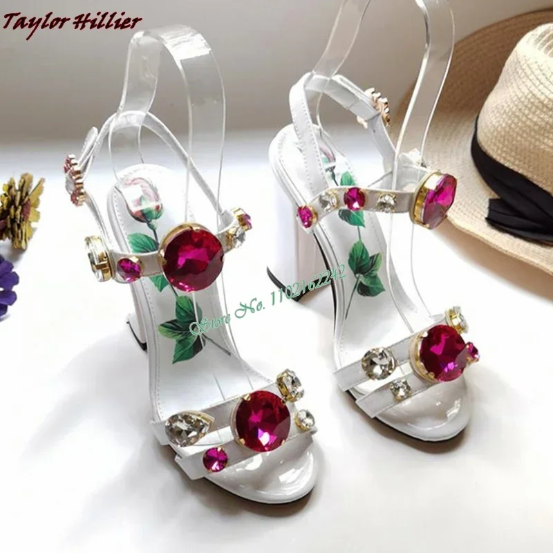 2024 New Yellow Crystal Sandals Round Toe Chunky Heels 6cm/10cm Buckle Strap Designer Women\'S Shoes Fashion Dress High Heels 43