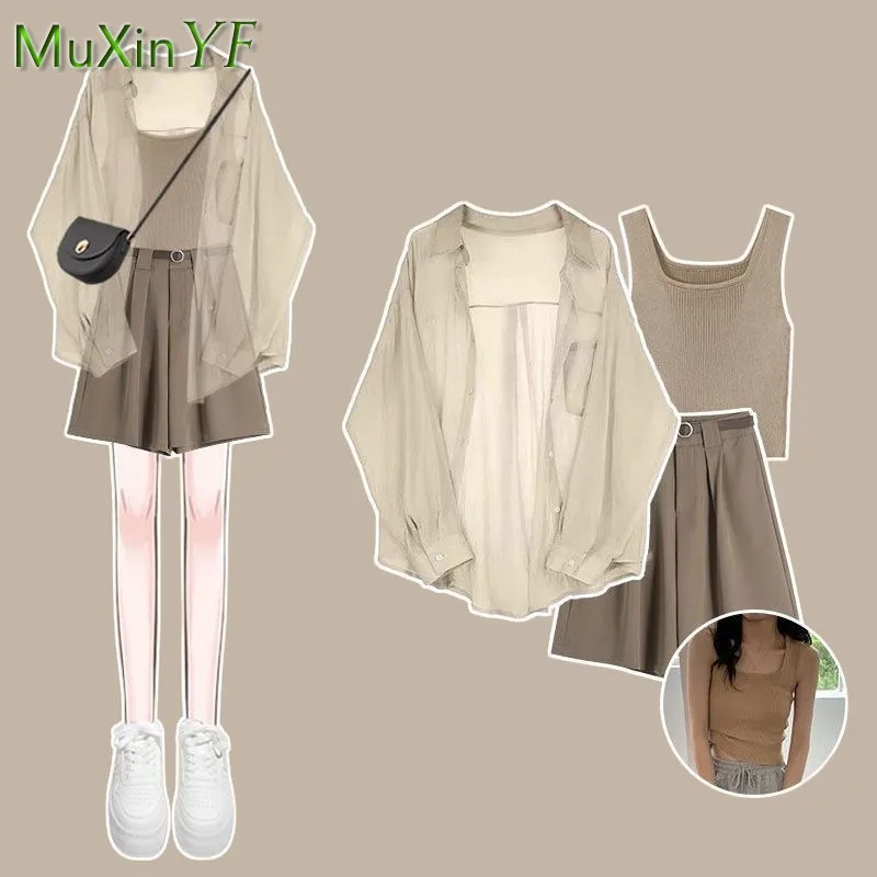 Women Summer New Fashion In Shorts Matching Set 2025 Korean Elegant Chiffon Sunscreen Shirt+Sling+High Waist Pants 3-Piece Suit