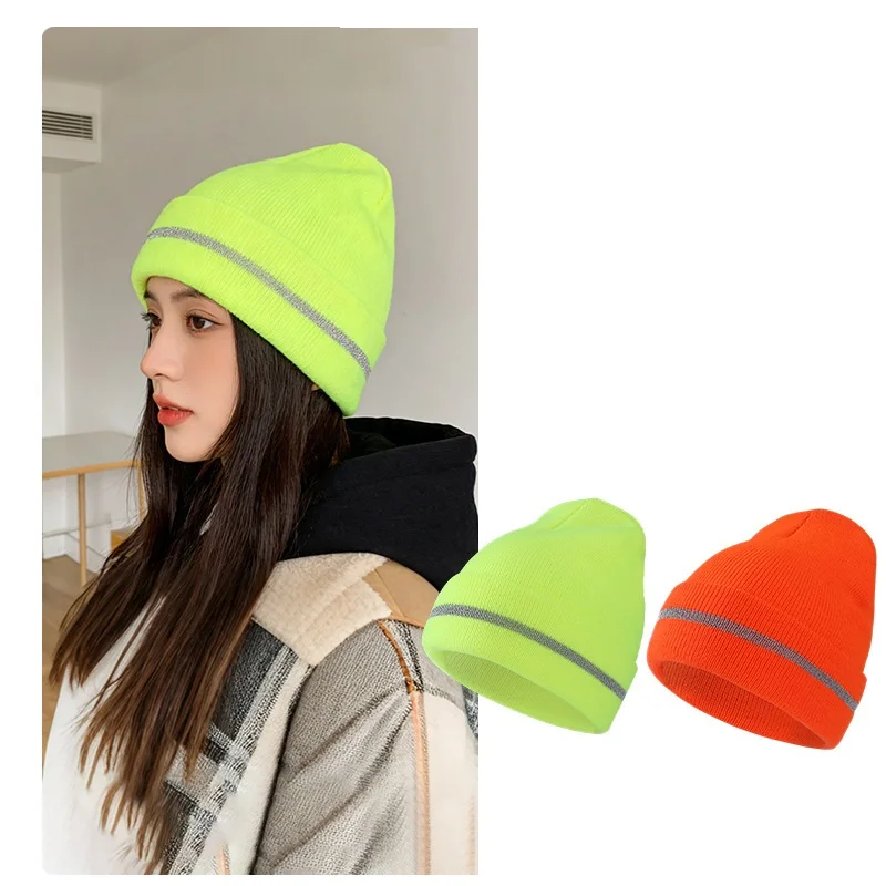 Reflektierende Strickmütze, Sicherheitsmütze für Erwachsene, hohe Sichtbarkeit, Neon-Winter-Strickmütze mit Herren und Damen für Nachtlaufsport – Detail 1