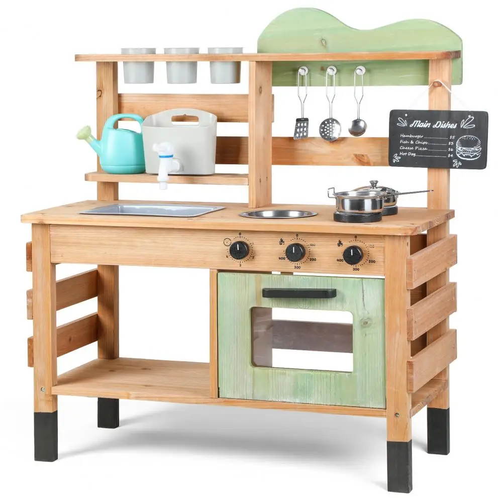 Cucina di fango, set da cucina per giochi di finzione in legno per esterni con stufe, lavello rimovibile, rubinetto, lavagna, accessori da cucina