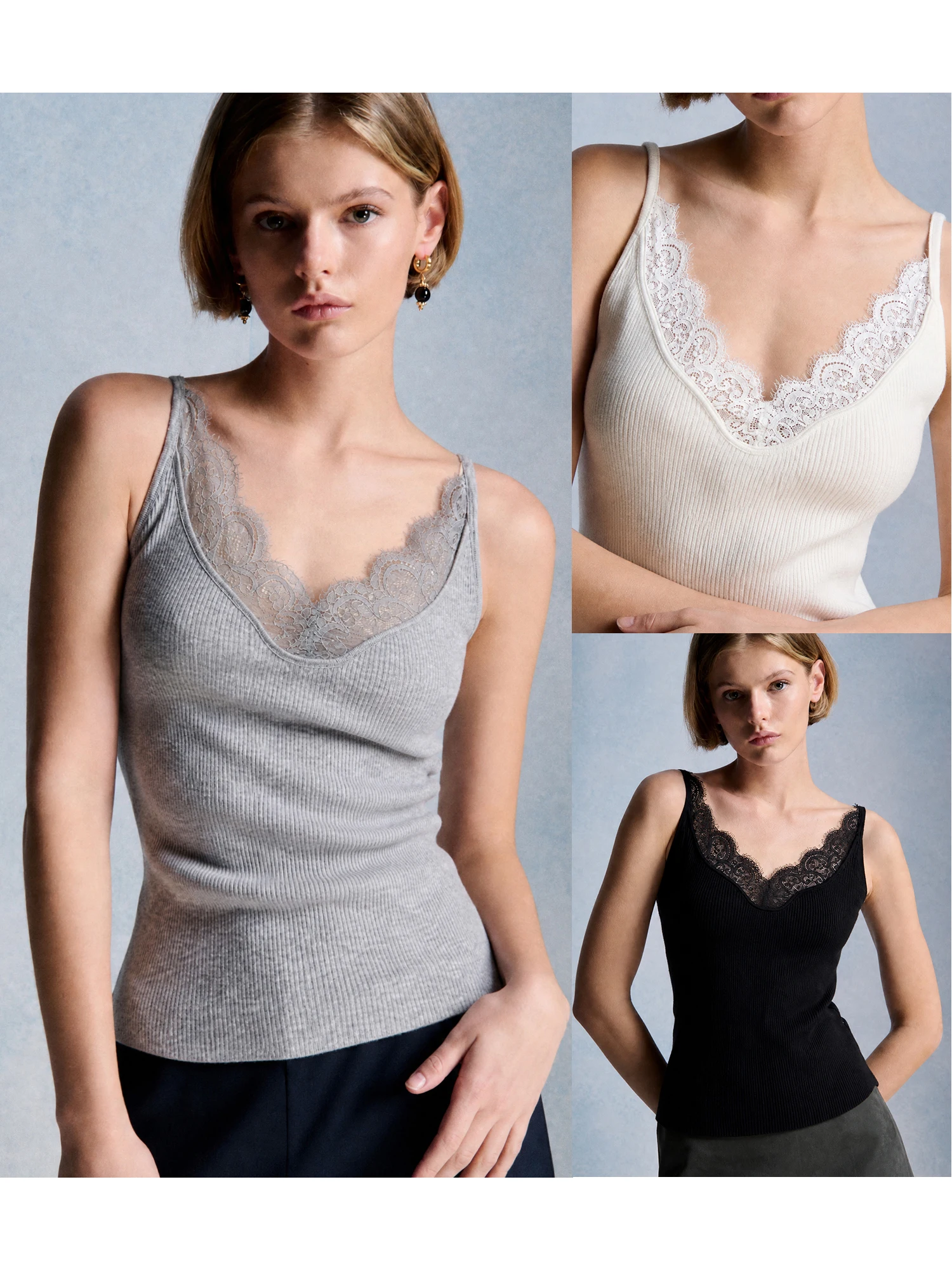 Slim Fit Wool Blend Knitted Vest Lace Splice Ribbed Knit Tank Top V Neck H Type Backless Elastic Close Fitting Women's Vest