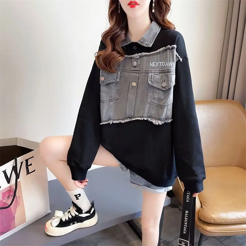 Fashion Spliced Pockets Embroidery Sweatshirts Female Clothing 2023 Autumn Winter Loose Casual Tops Fake Two Pieces Sweatshirts