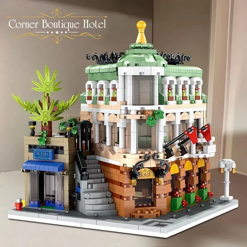 Corner Hotel Mini Street View Micro Building Blocks Restaurant Shop Model Bricks DIY Children Educational Xmas Gift
