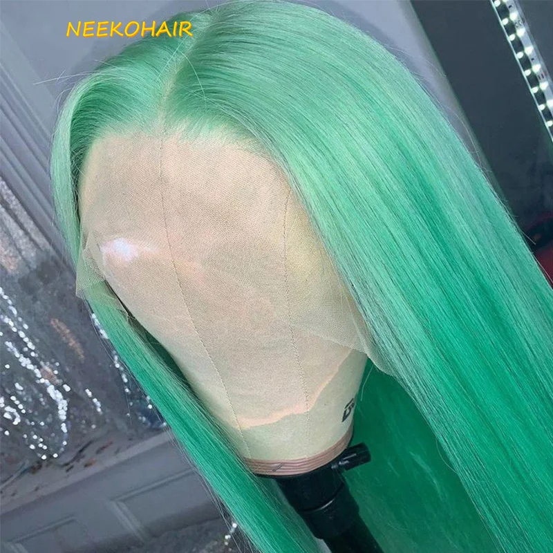 13x4 Transparent Mint Green Lace Front Wig Colored Straight 13*6 HD Lace Frontal Or 4x4 Closure Human Hair Wigs For Women