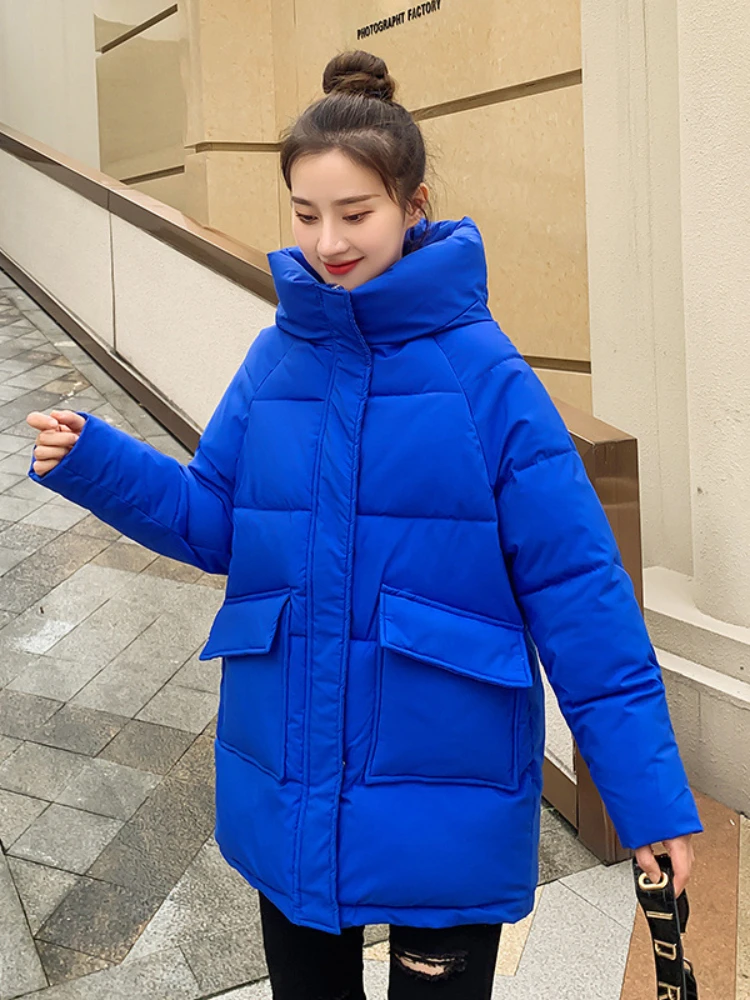 캐주얼 스위트 솔리드 컬러 빅 포켓 루즈핏 후드 코트 자켓 여성용, 두껍고 따뜻한 중간 길이, 세련된 파카, 가을 겨울
