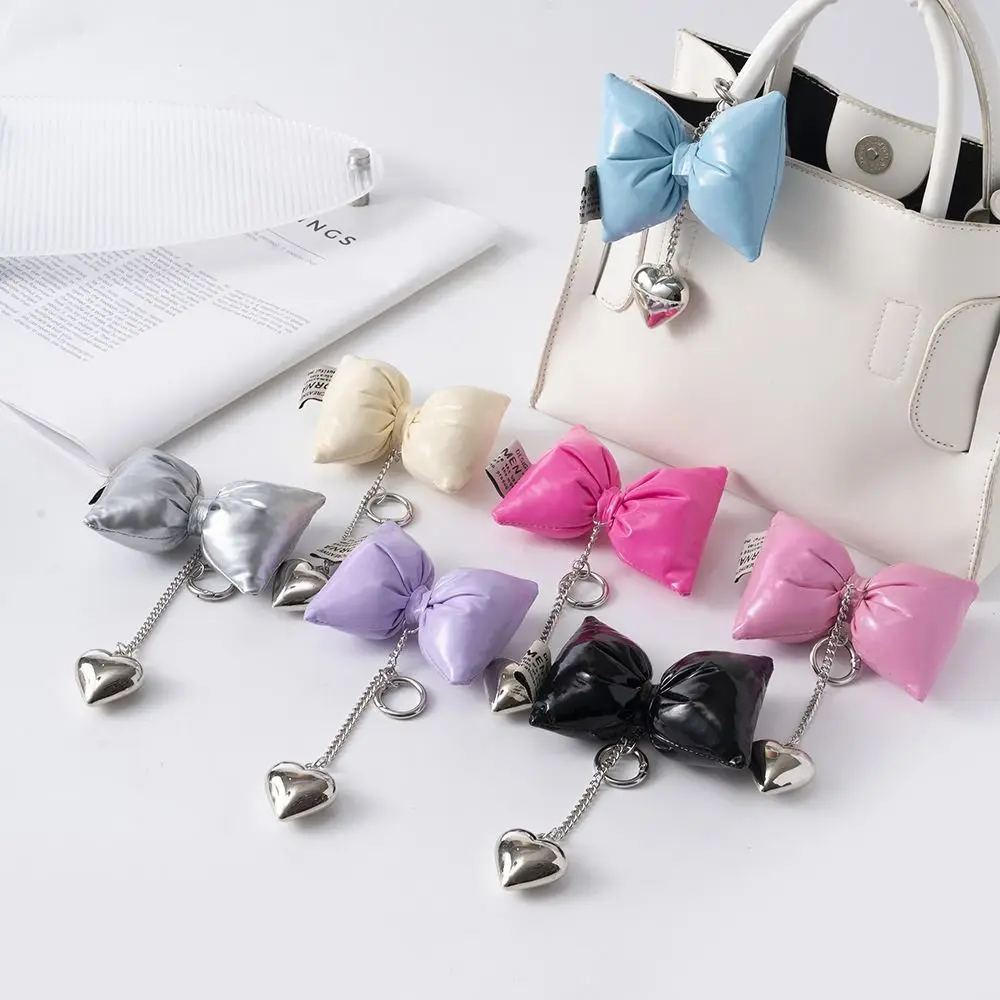 Glossy Leather Pearl Bow Keyring Rhinestone Cotton Filled Y2K Phone Chain Handmade Bead 3D Bowknot Keychain Car Key Holder