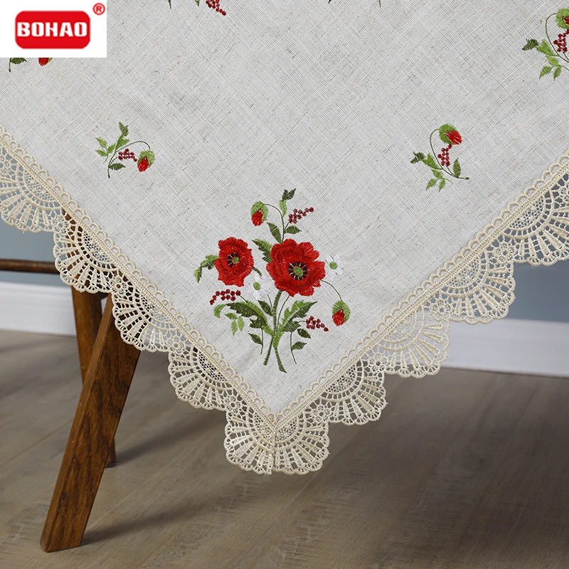 BOHAO Tablecloth Coffee Champagne Tablecloth  Square Lace Placemat New Year's Tablecloth Table Placemat Map Red Poppy Embroidery