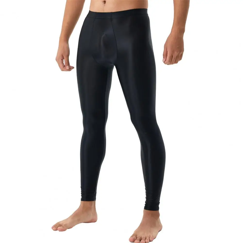 Leggings longos elásticos dos homens Johns, calças sedosas, liso, slim fit, U convexo, bolsa de protuberante, macio, respirável, cintura média