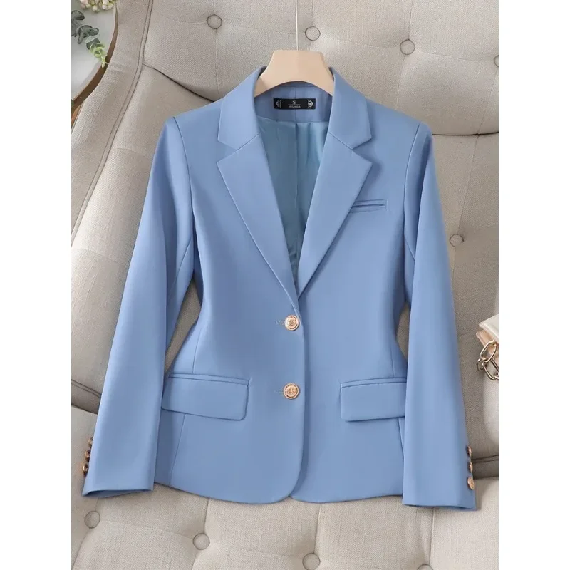 Jaket kantor wanita, Blazer lengan panjang biru aprikot kopi wanita ramping Formal untuk musim gugur musim dingin