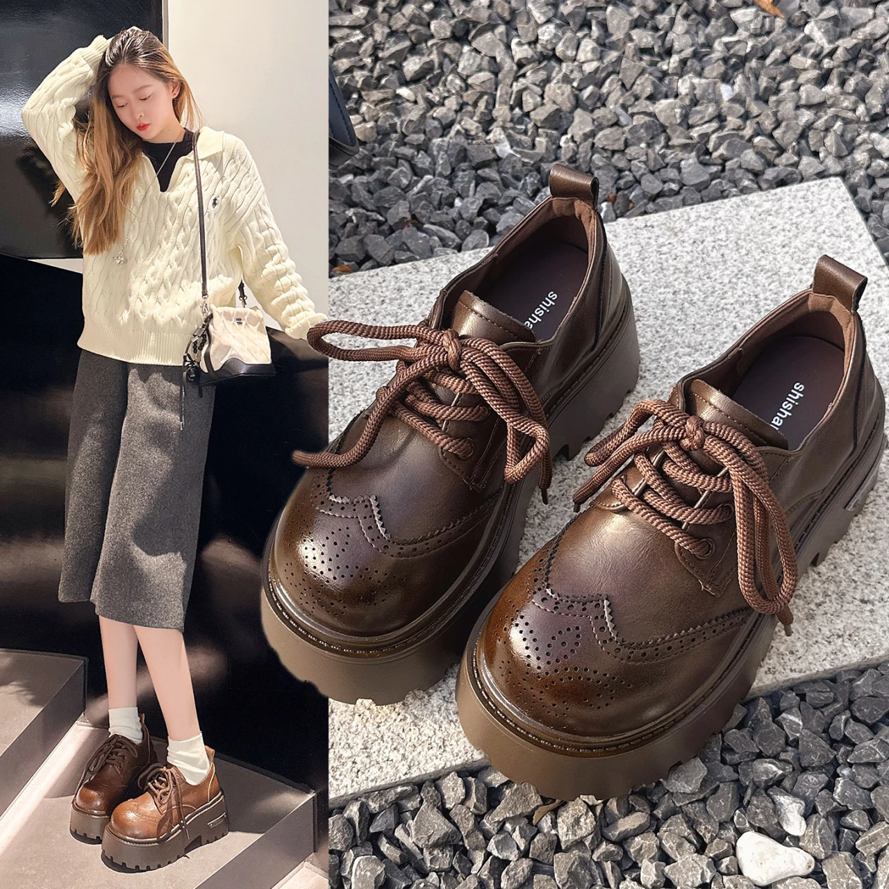 

2026 New Platform Thick-Soled Derby Shoes for WomenLace-Up College-Style Brogue Leather ShoesHeight-Increasing Small-Sized Flats