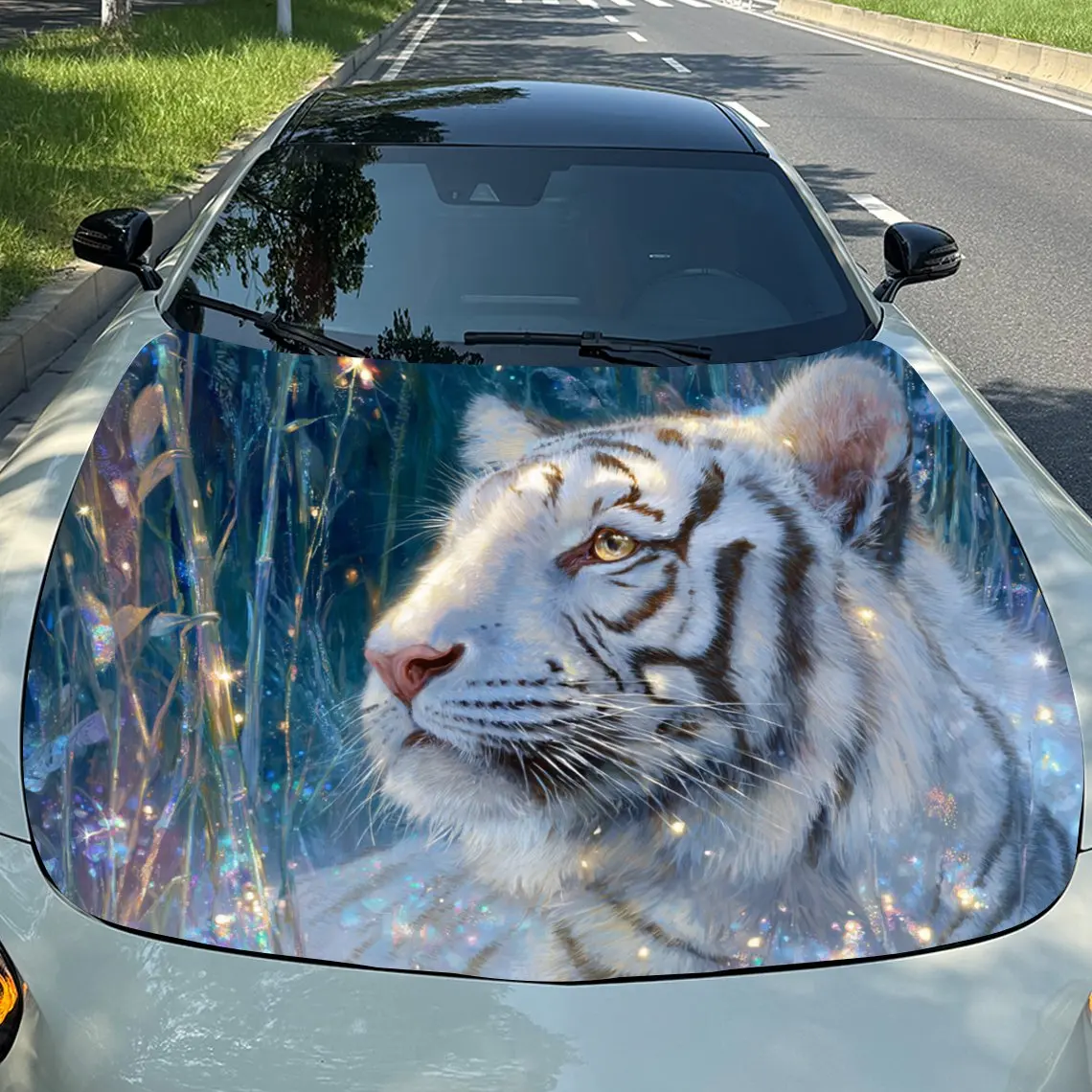 Car Decals White Tiger in Sparkling Scene Design with a White Tiger Amid a Glittering Background, Exuding Grace and Mystery Car