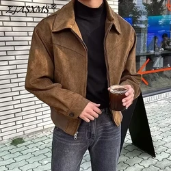 Fall Retro Suede Solid Color Men's Jacket Casual Zipper Pocket Top Male Coat Winter Lapel Long Sleeve Streetwear Men's Clothing