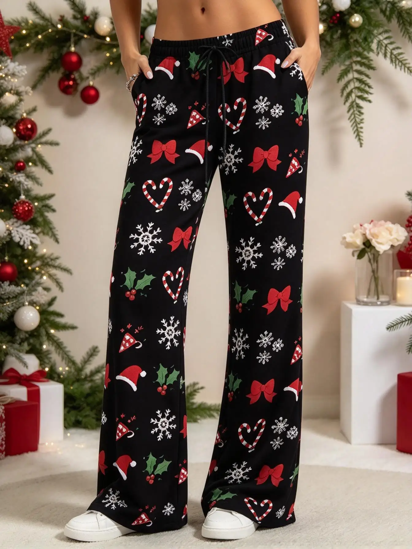 Ladies Low Rise Wide Leg Pants Xmas Holly Snowflake Candy Cane Bow Mini Print Soft Fleece Casual Party Trousers