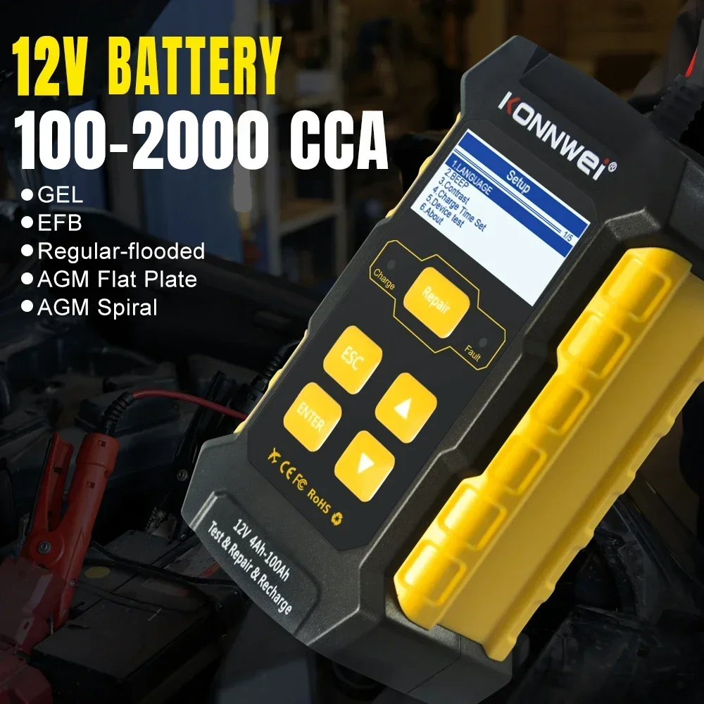 2026 Useful KONNWEI KW510 Full Automatic 12V Car Battery Tester 3in1 Pulse Repair Battery Chargers Wet Dry AGM Gel Lead Acid