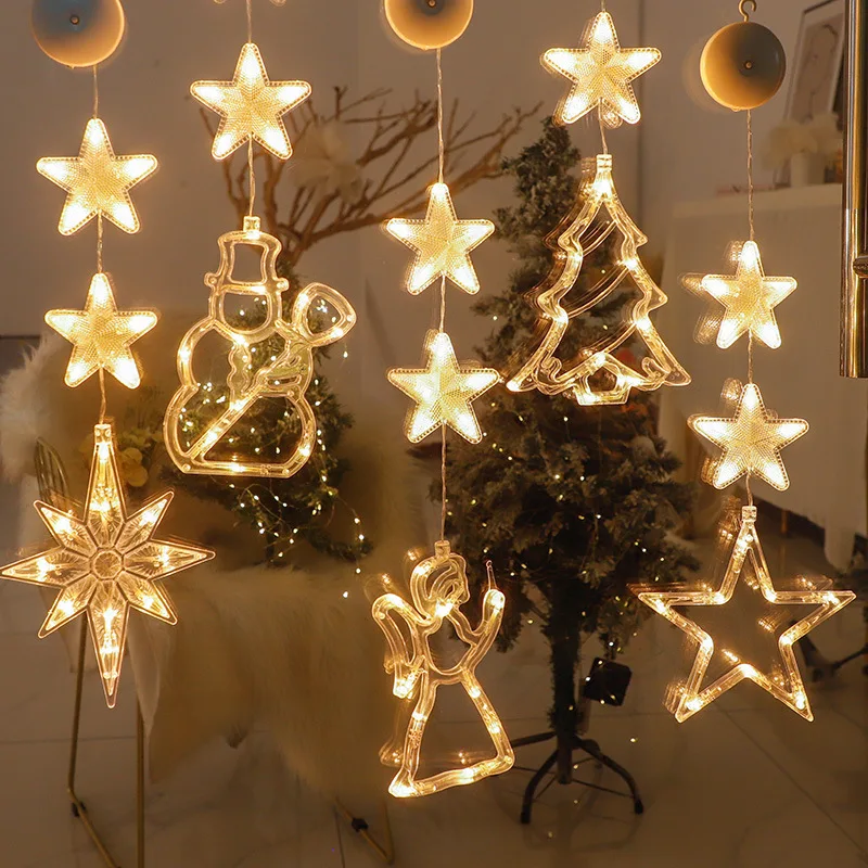 Christmas Sucker Lamp LED Lights Bell Snowman Star Holiday Window Decoration Battery Powered Hanging Lamp For Home Decor