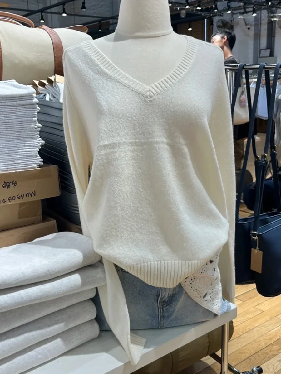 

Бежевый вязаный свитер с v-образным вырезом, женский осенне-зимний повседневный мягкий джемпер с длинными рукавами, топы, милые простые базовые свитера, женские новые
