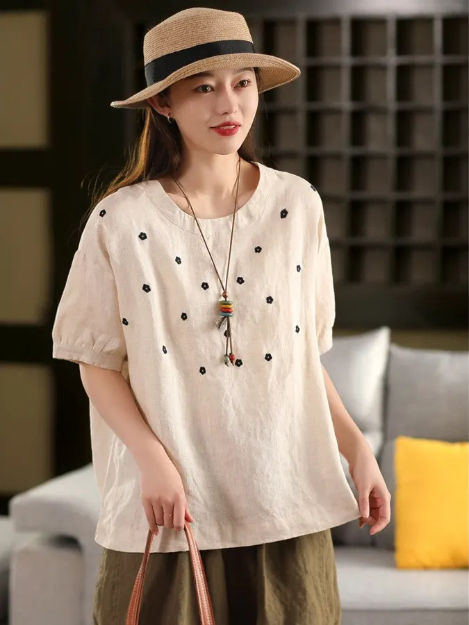 Retro Cotton Linen Embroidered irt Women's round Ne ort Sve Overhead Artistic High-End Feelings Summer New Arrival